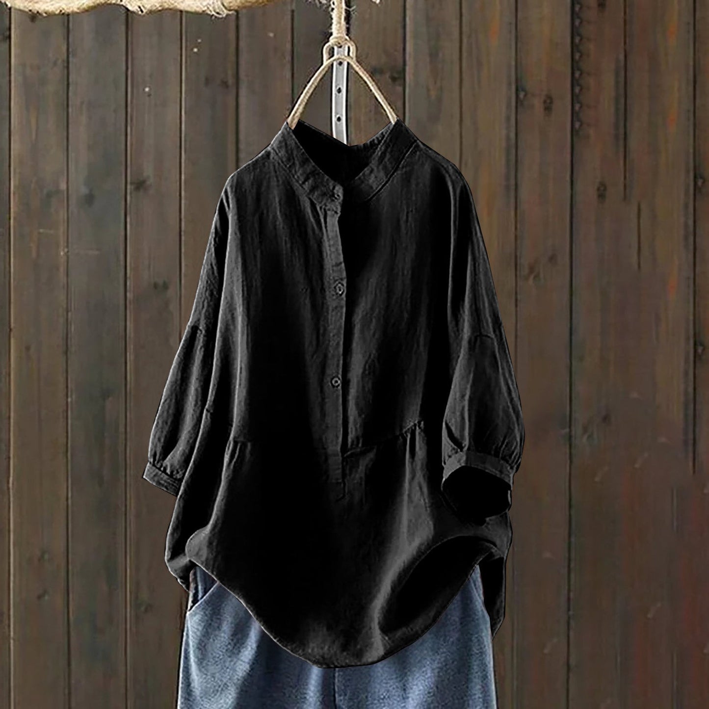 Mandarin-collar Single-breasted Traditional-style Solid-color Long-sleeve Pullover Shirt