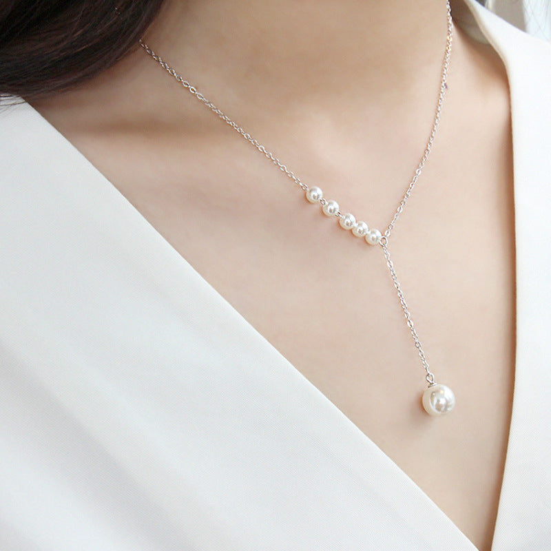 Women Round Shell Pearls Y Shape Necklace - Rose Gold-Plated Silver Pearl Necklace for women - Perfect Pearl Necklace with Gift Wrapping Included