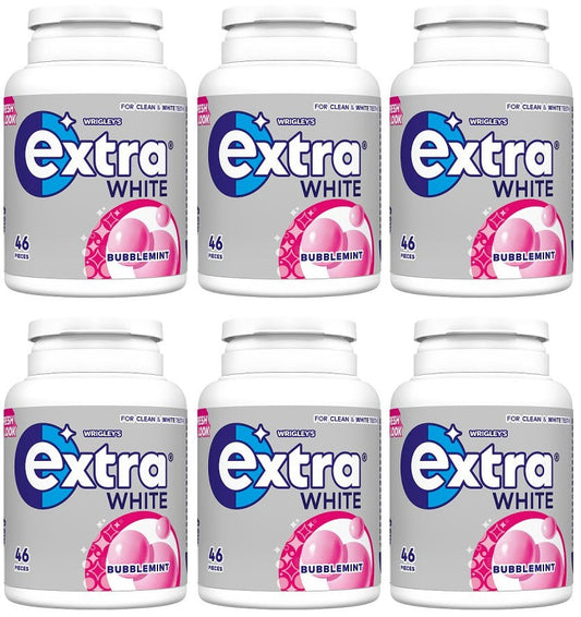 6 x Extra White Bubblemint Sugarfree Chewing Gum Bottle 46 Pieces