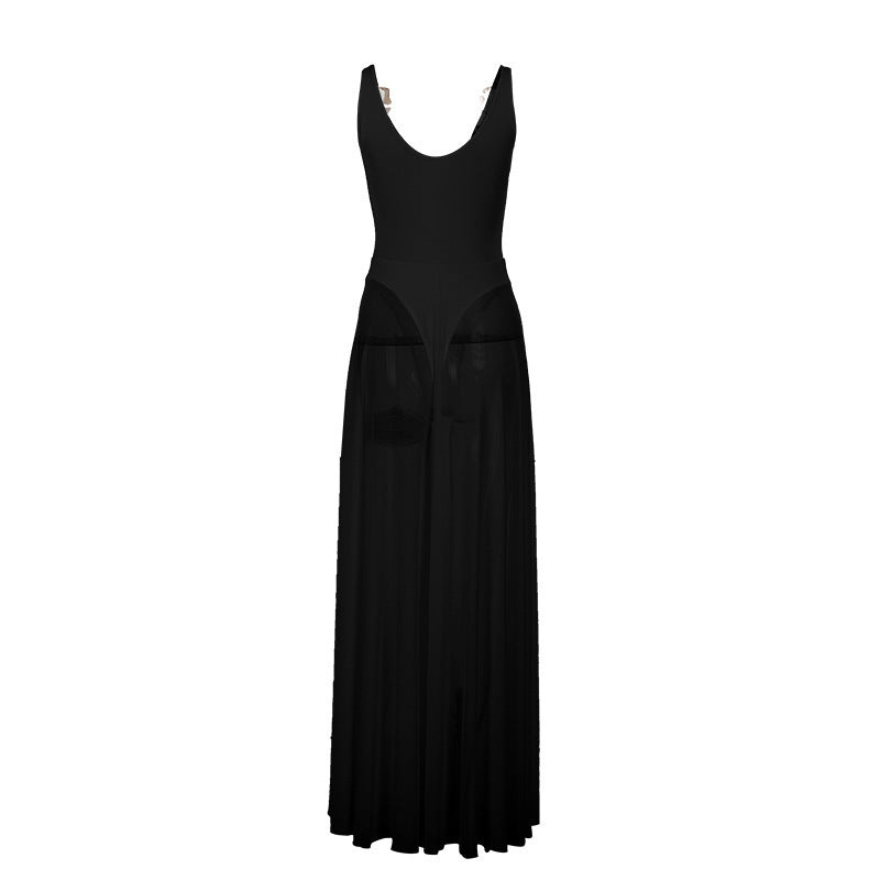 Women's Solid-Color Elegant Resort Bodycon Mesh A-Line Dress