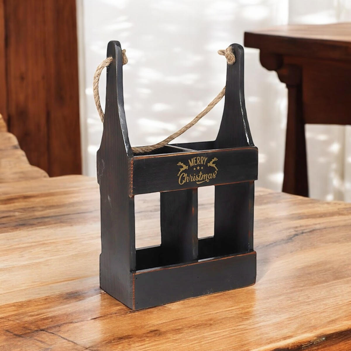 39CM WOODEN BLACK 2 BOTTLE WINE HOLDER