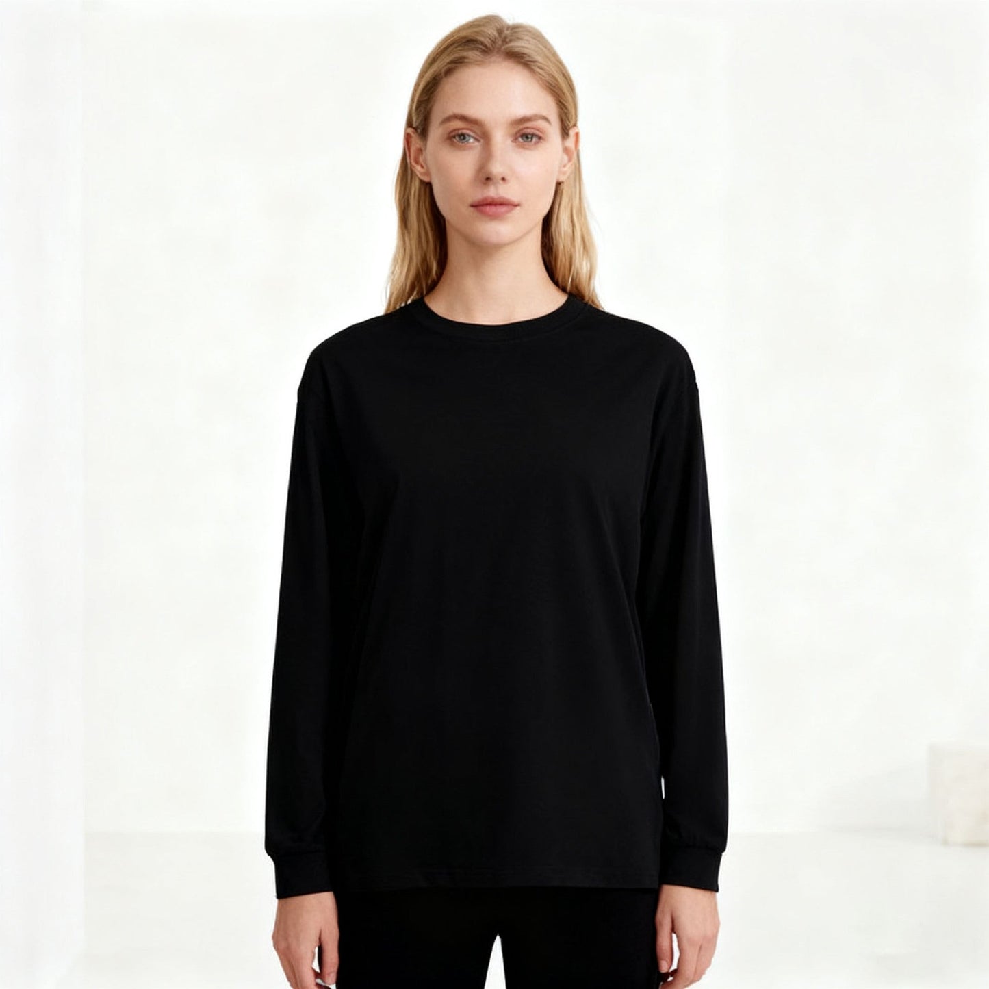 Solid-color Heavyweight Pure Cotton Crew-neck Long-sleeve T-shirt For Women