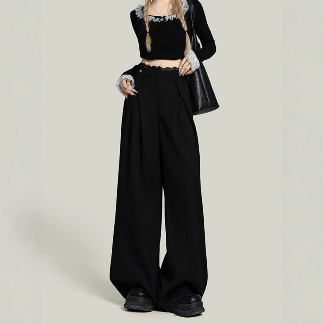 Black Lace Stitching Wide-leg Casual Pants Women