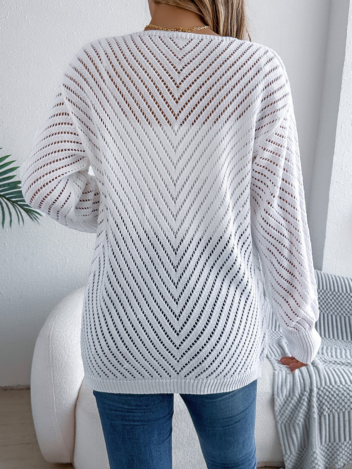 Women Casual Solid Color Hollow Out Long Sleeve Cardigan Sweater
