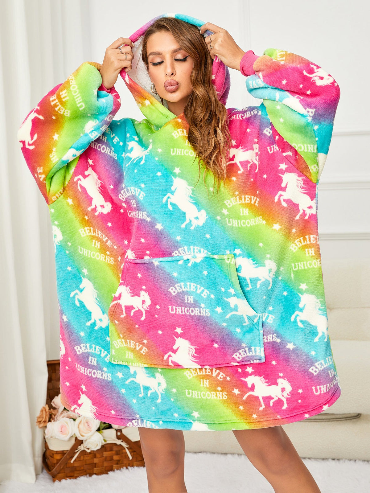 RONGTAI Oversized Wearable Blankets,Soft Plush Printed Sherpa Blanket Sweatshirt With Pockets,One Size Fits All