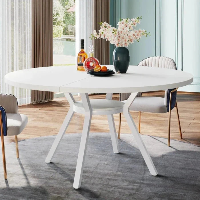 Modern White Round Dining Table - Minimalist Pedestal Base with Lower Shelf