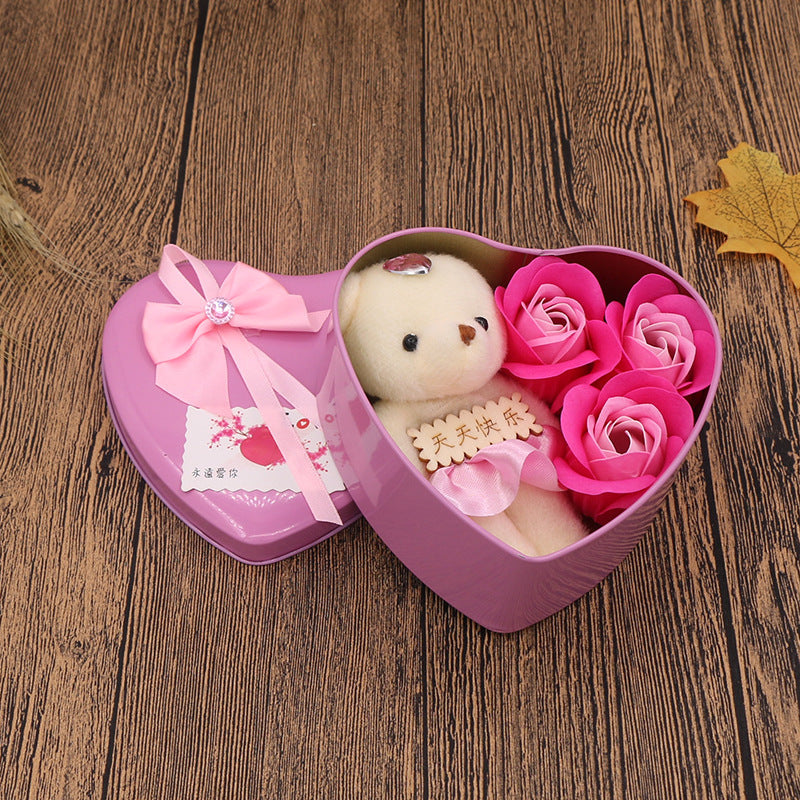 Soap Flower Gift Box Valentine's Day Gift Mother's Day Creative Gifts Bear Flower Rose Heart Shaped Tin Box