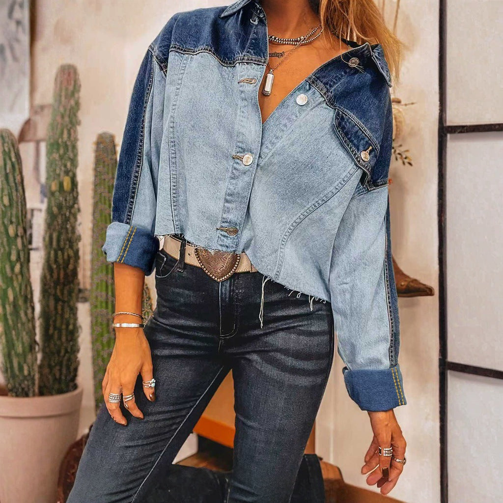 Patchwork Color Denim Jacket With Buttoned Hem And Long Sleeves