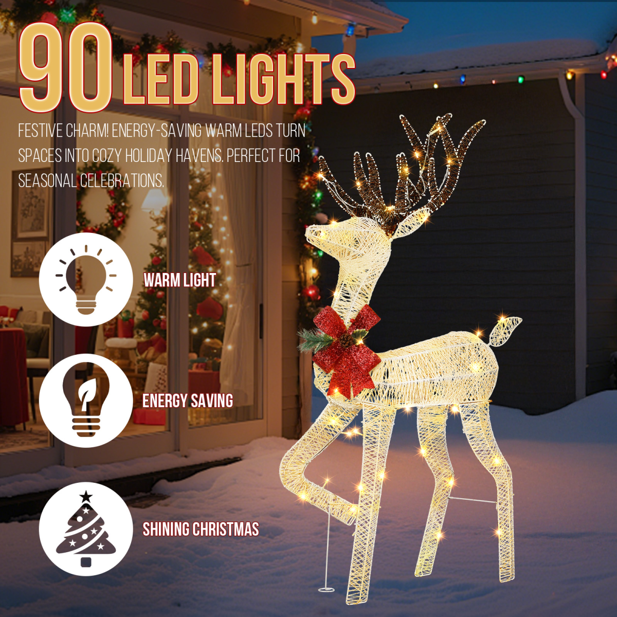 1.2M Lighted Reindeer Christmas Decorations, Pre-lit Holiday Decor with 90 Warm White LED Lights for Xmas Outdoor Indoor Decor Lighted Holiday Displays, White