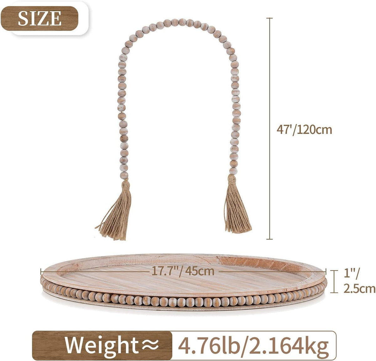 Round Decorative Wooden Tray 18 Inch Beaded Centerpiece Coffee Tray Boho HANOBE