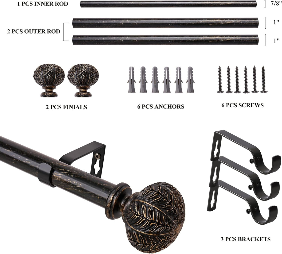 Extendable Black Curtain Pole 77-210cm, 1'' Dia, Diamond Ball Finials, 30-84 inch