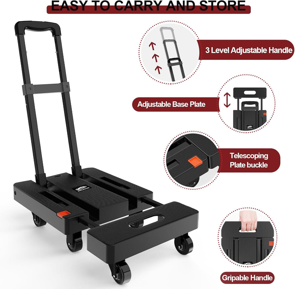 Folding Hand Truck 230KG Portable Dolly 6 Wheel Trolley Black SOLEJAZZ