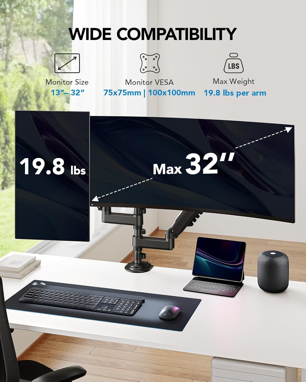 HUANUO Taller Dual Monitor Stand 13–32", Long Arms, VESA 75/100
