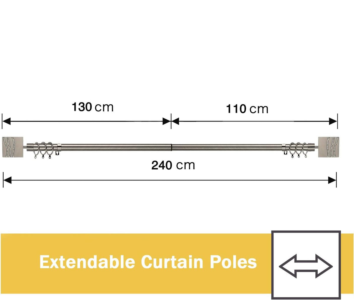 Curtain Pole 19mm Diameter Adjustable Length 130-240cm Black Nickel