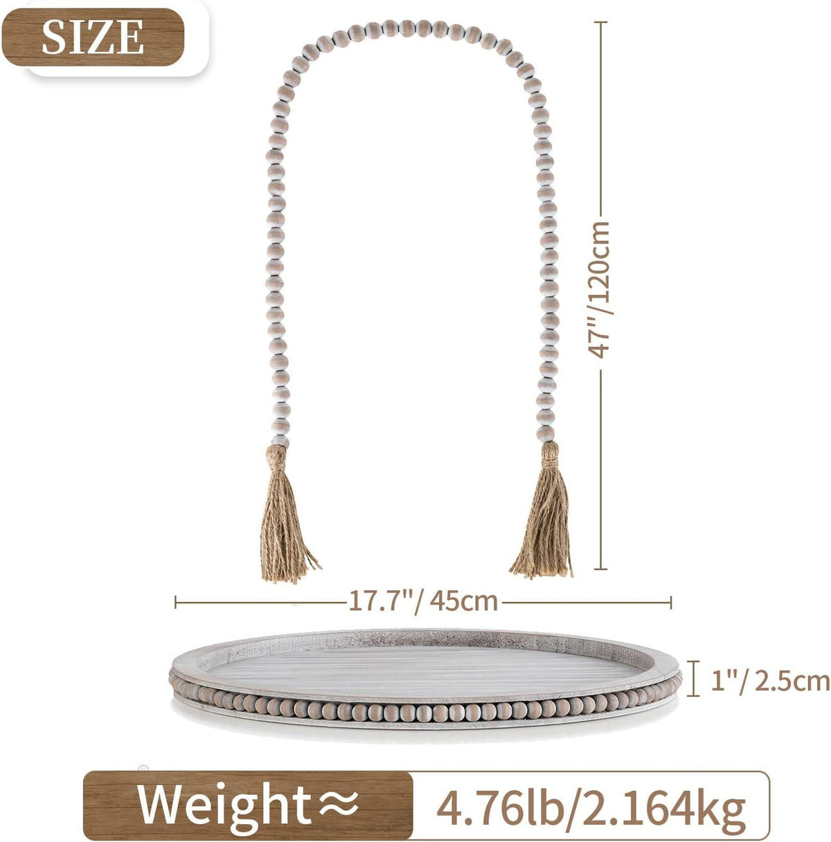 Round Decorative Wooden Tray 18 Inch Beaded Centerpiece Coffee Tray Boho HANOBE