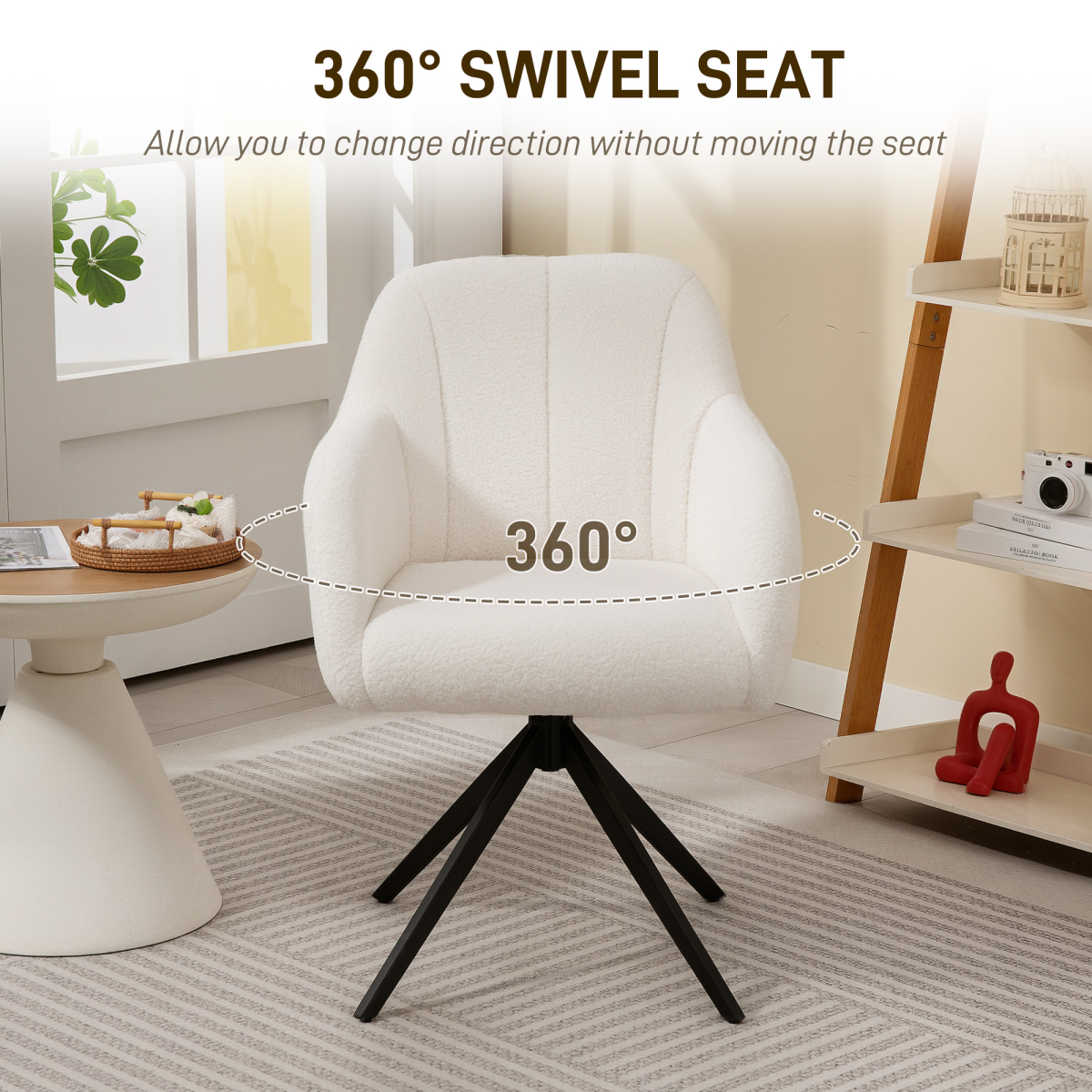 HOMCOM 360 Degree Swivel Accent Chair, Teddy Fleece Fabric Armchair, White