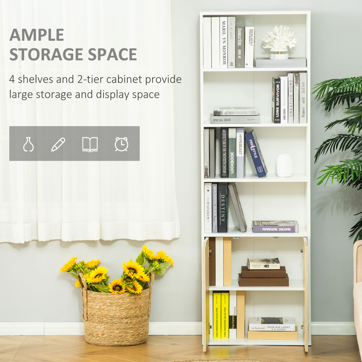 2 Door 4 Shelves Tall Bookcase Cupboard Display Unit White and Oak