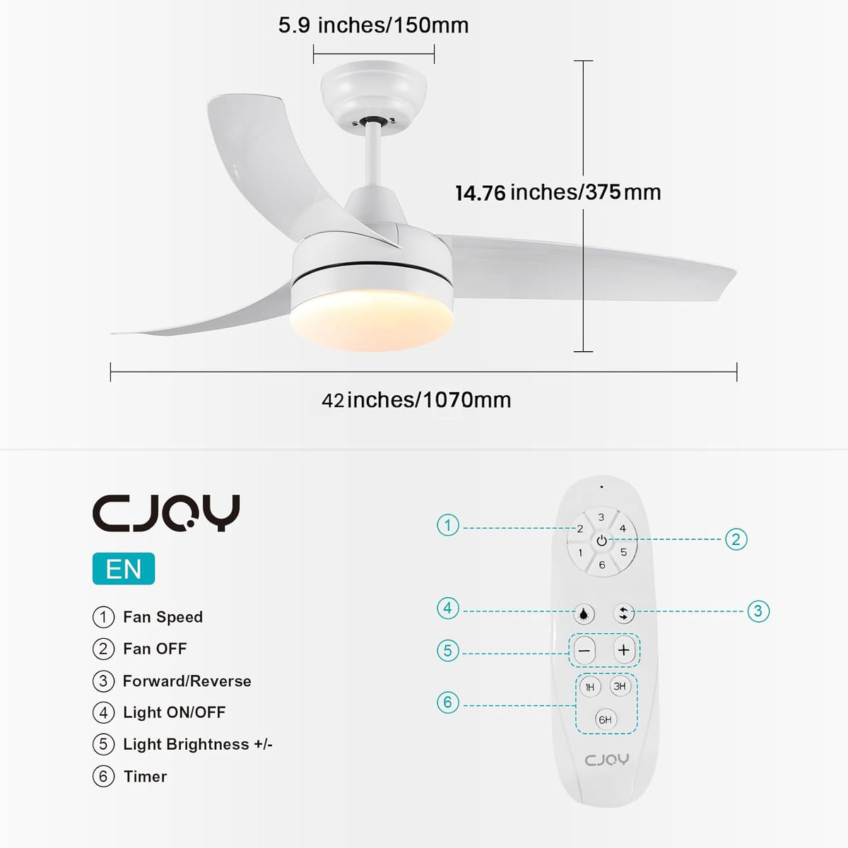 CJOY 42" White Ceiling Fan with Light, Remote, Quiet DC Motor, 6 Speeds, Dimmable
