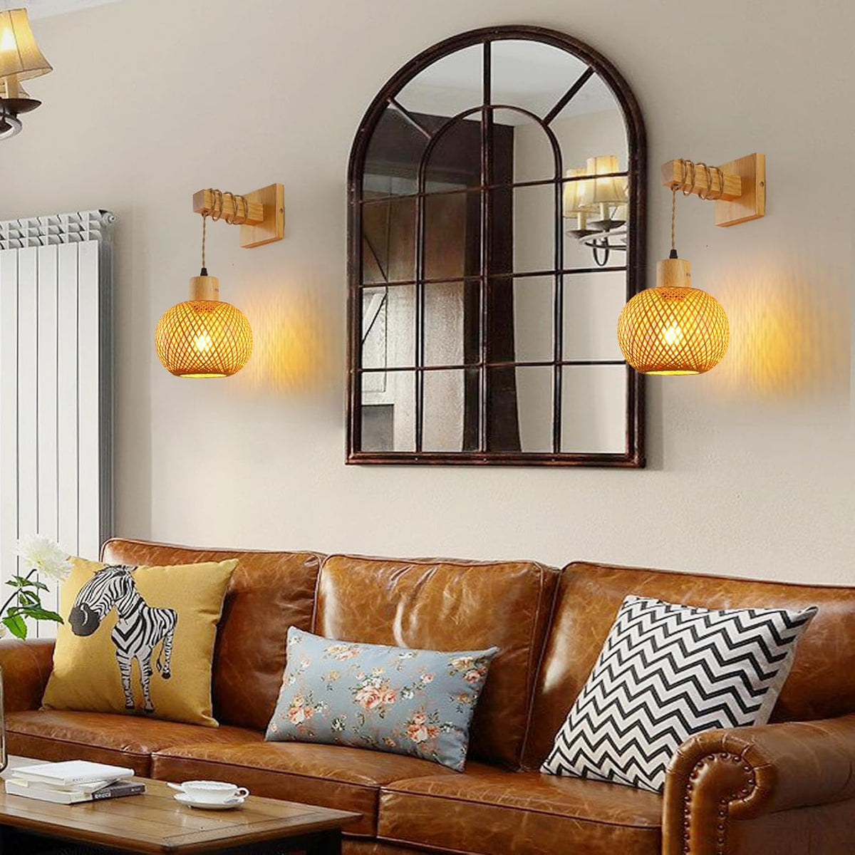 Schindora Boho Bamboo Wall Light – Handwoven E27 Lamp Shade