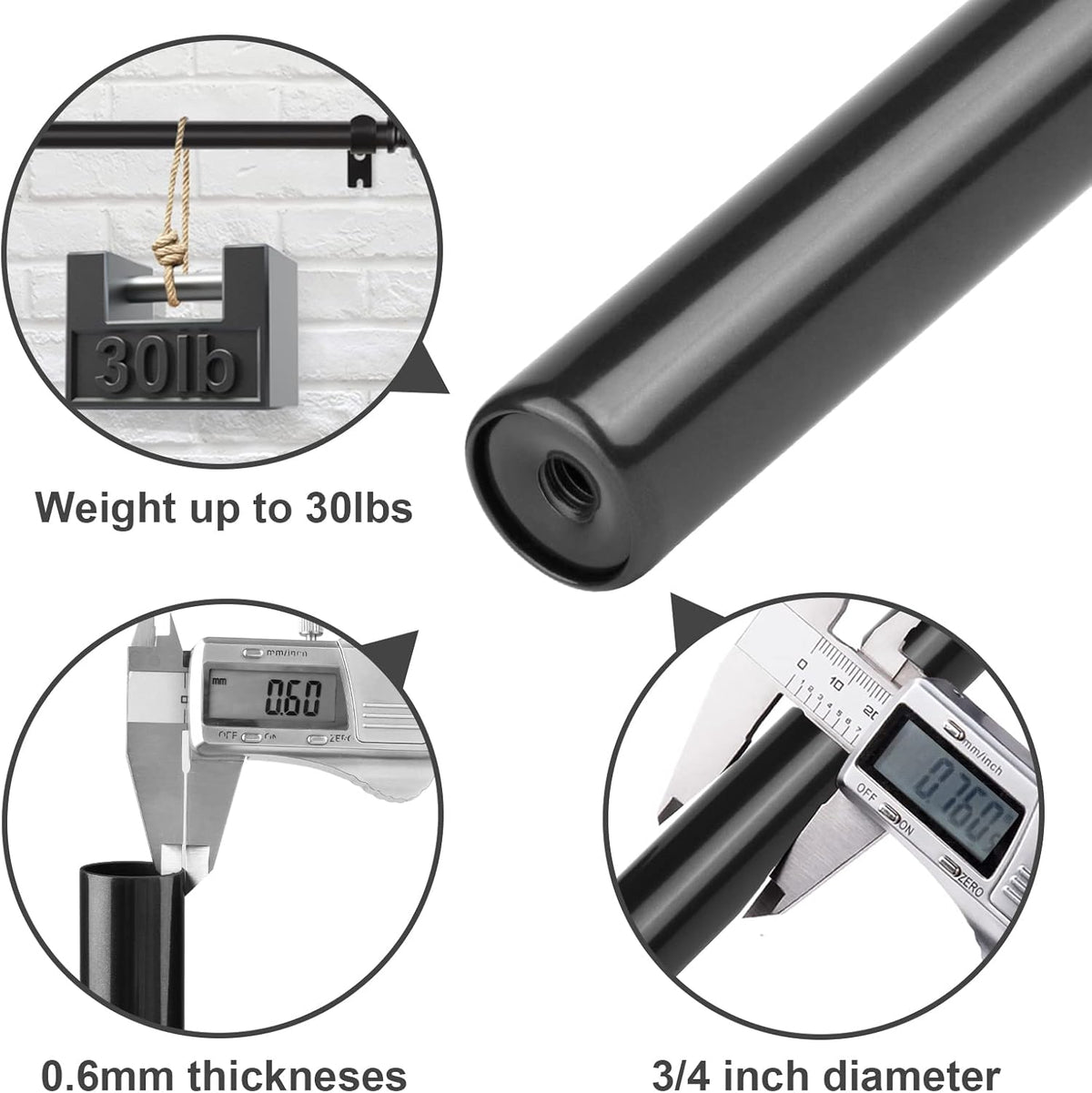 3pcs SZXIMU Curtain Pole 182-365cm (72-144''), Extendable, Netted Finials, Black