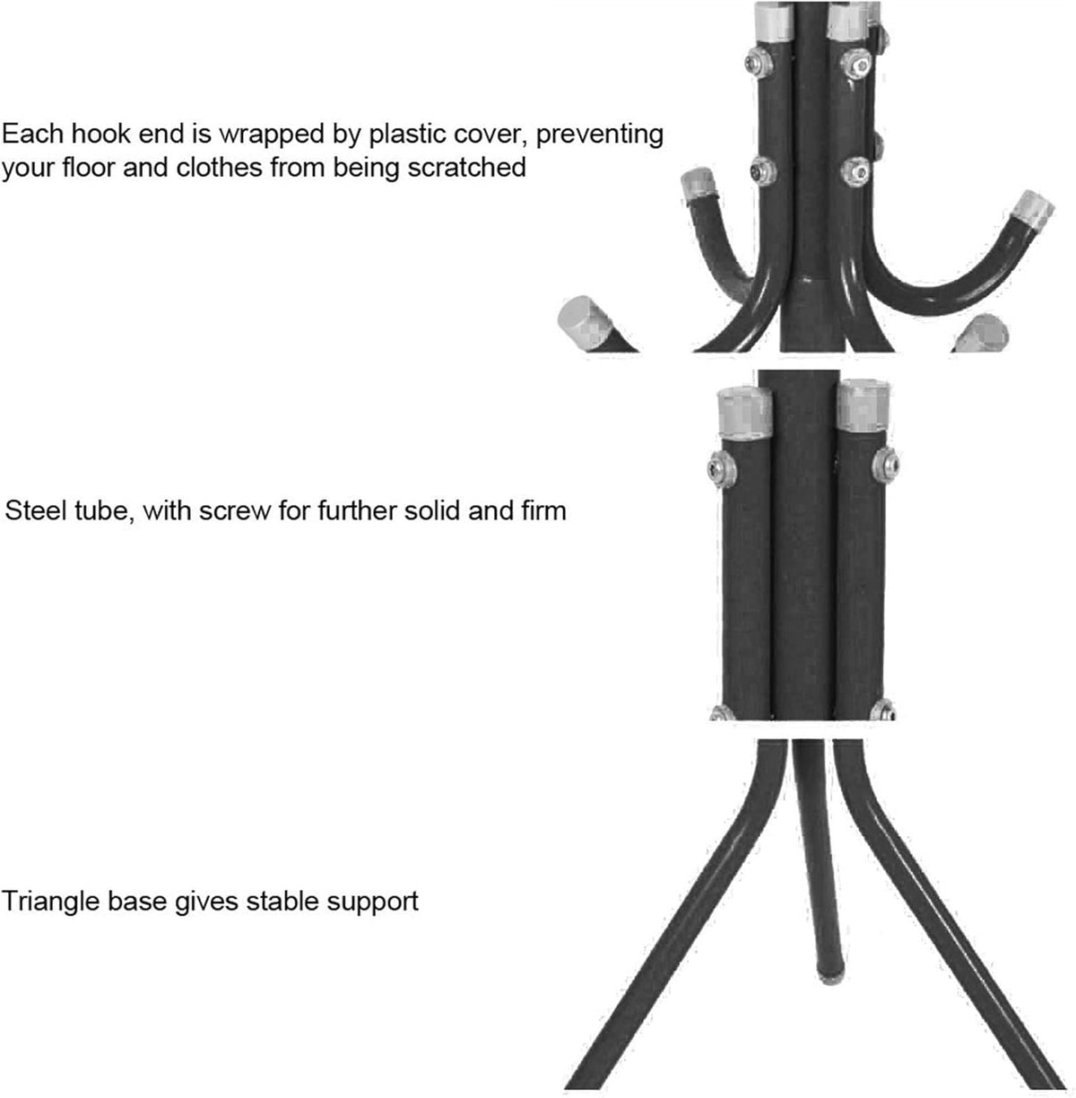 Steel Standing Coat Rack – 12 Hooks, Triangle Base, 68.5in Tall – Black