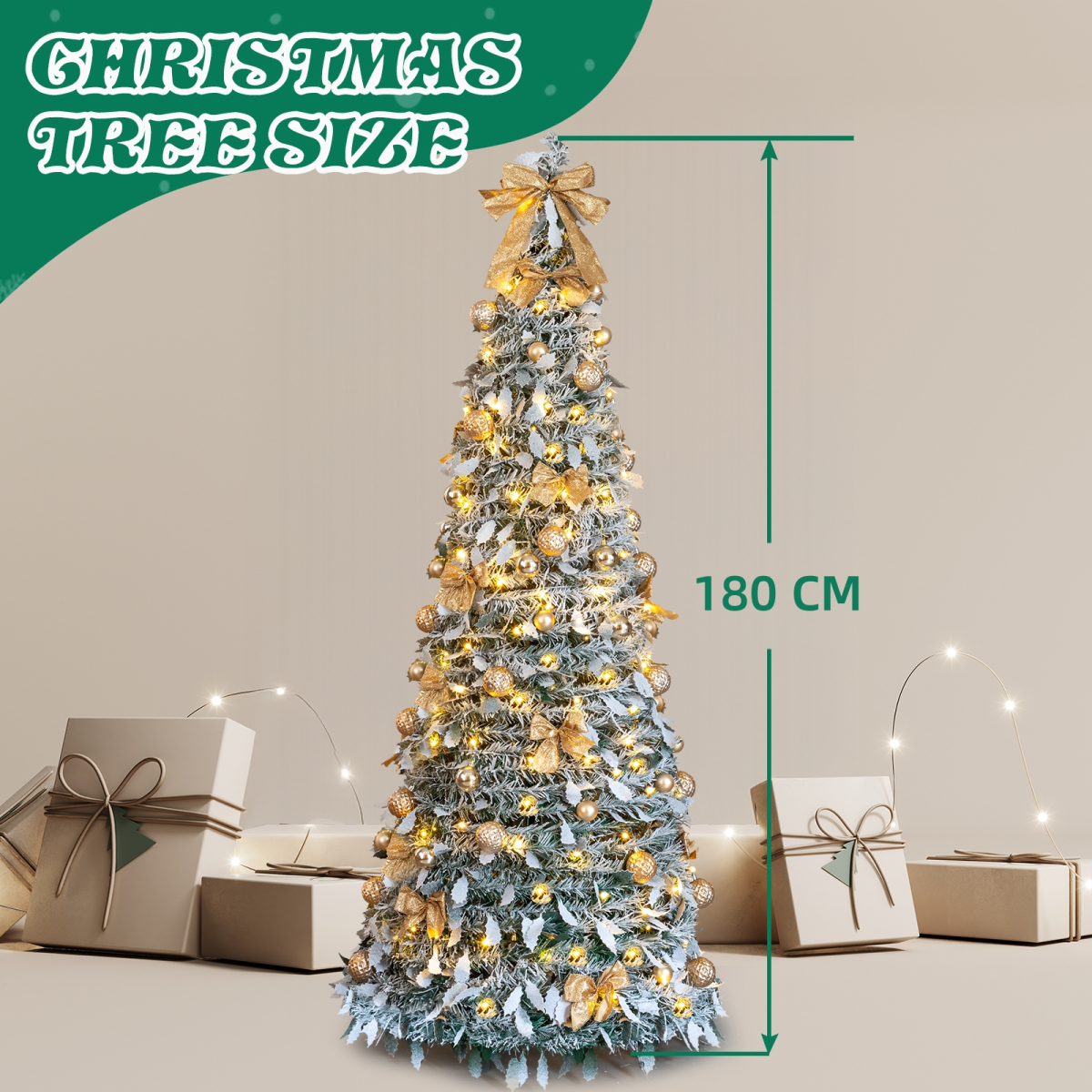 6 FT Snow Flocked Pre-lit Artificial Pop Up Christmas Tree with 100 Warm Lights and Golden Ornaments for Home Office Store Holiday Deco, Snowy Green