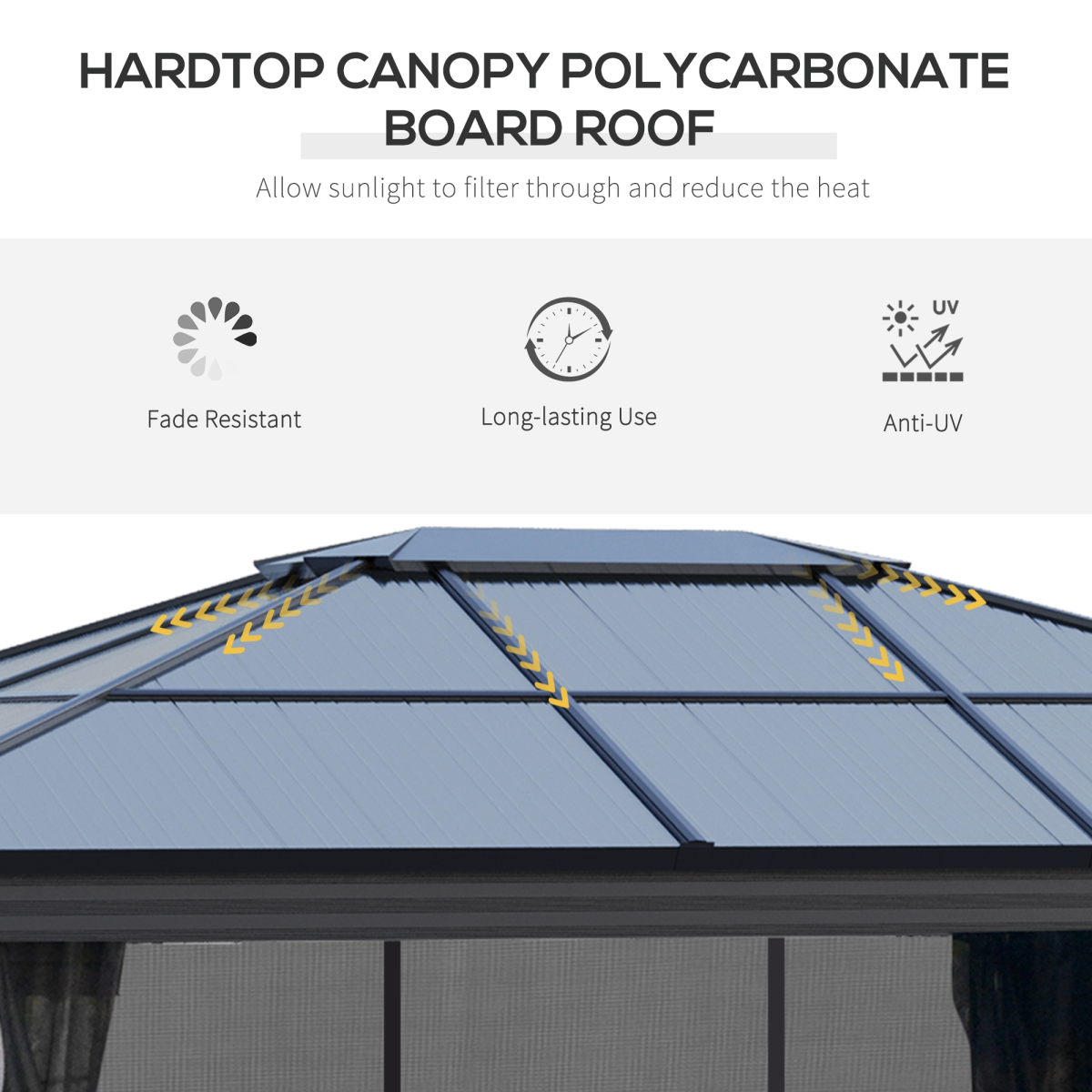 4x3.6m Aluminium Hardtop Gazebo Canopy w/ Polycarbonate Top, Curtains Outsunny