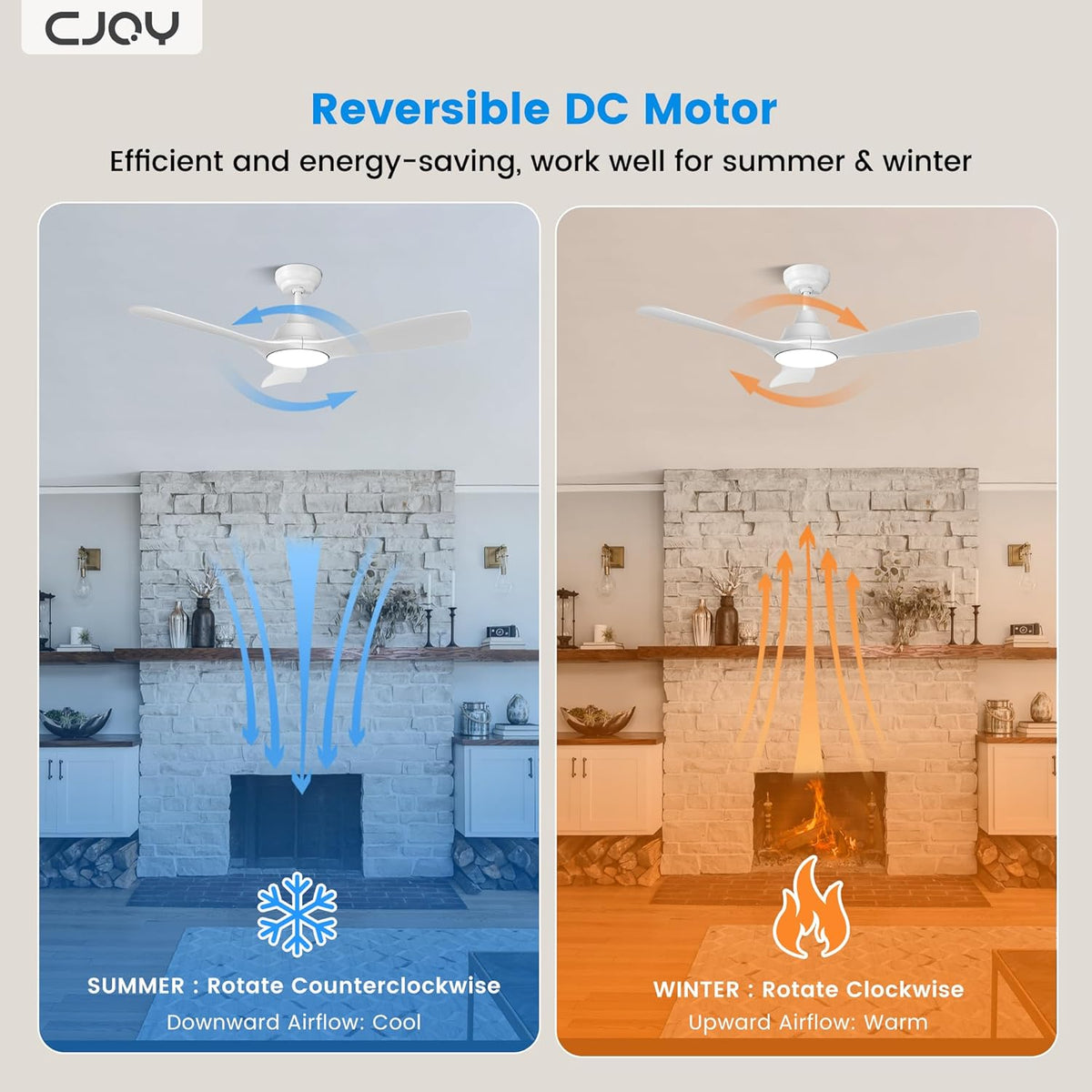 CJOY 42" White Ceiling Fan with Light, Remote, Timer, Quiet DC Motor, 6 Speeds
