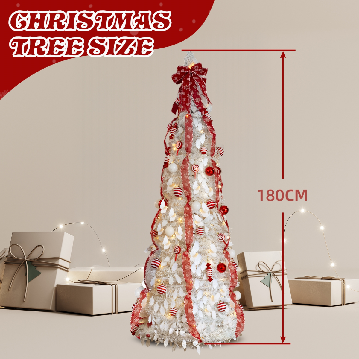 6 FT Fully Decorated Pre-lit Christmas Tree, Pop Up Artificial Xmas Tree with 100 Warm Lights and Red Ornaments for Home Office Store Holiday Deco, White