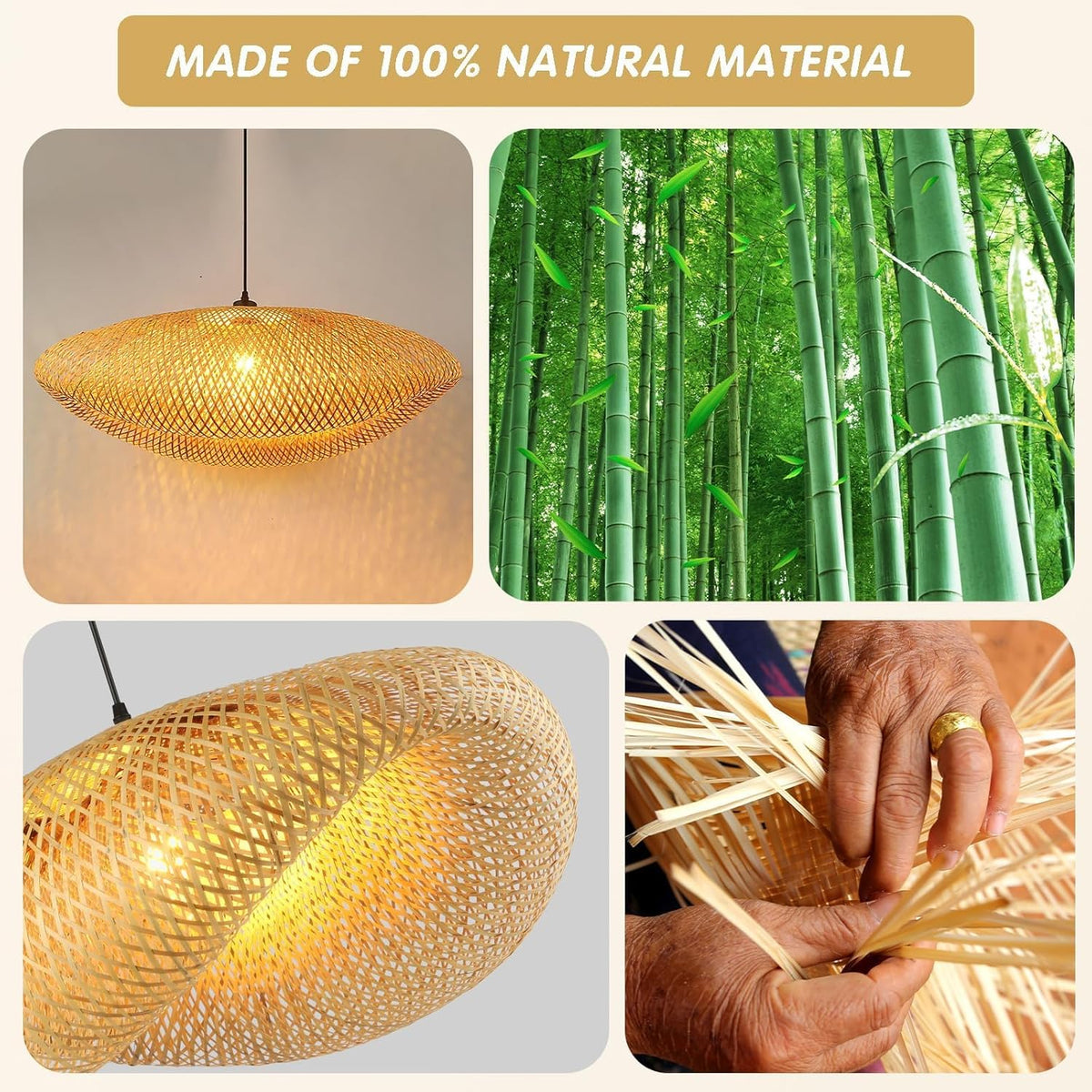 Schindora Bamboo Pendant Light – 40cm Woven Lampshade, E27 Ceiling Fit