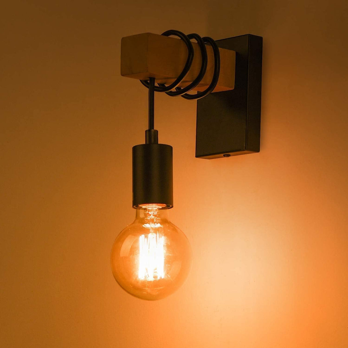 Wooden Wall Light 2 Pack Vintage Industrial E27 Rustic Sconce Black Lightess