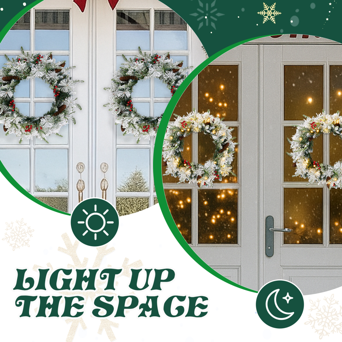 2 Pack 18in Pre-lit Snow Flocked Christmas Wreath, Lighted Artificial Xmas Wreath with 60 Warm Lights and 140 Tips and Red Berries Pine Cones, for Front Door Gate Wall Xmas Party Decorations