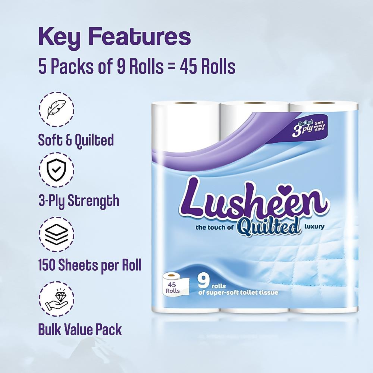 TASK LUSHEEN WHITE X 45 LUXURY SOFT TOILET ROLLS