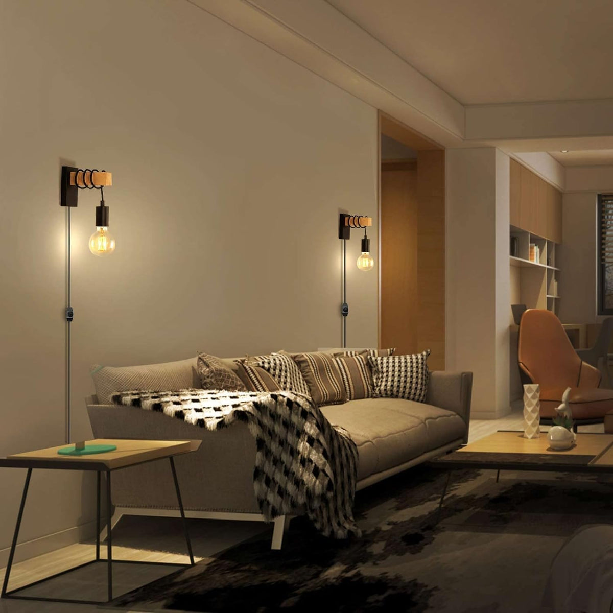 Lightess 2-Pack Plug-In Wall Lights – Dimmable Wood Sconces with Switch Black