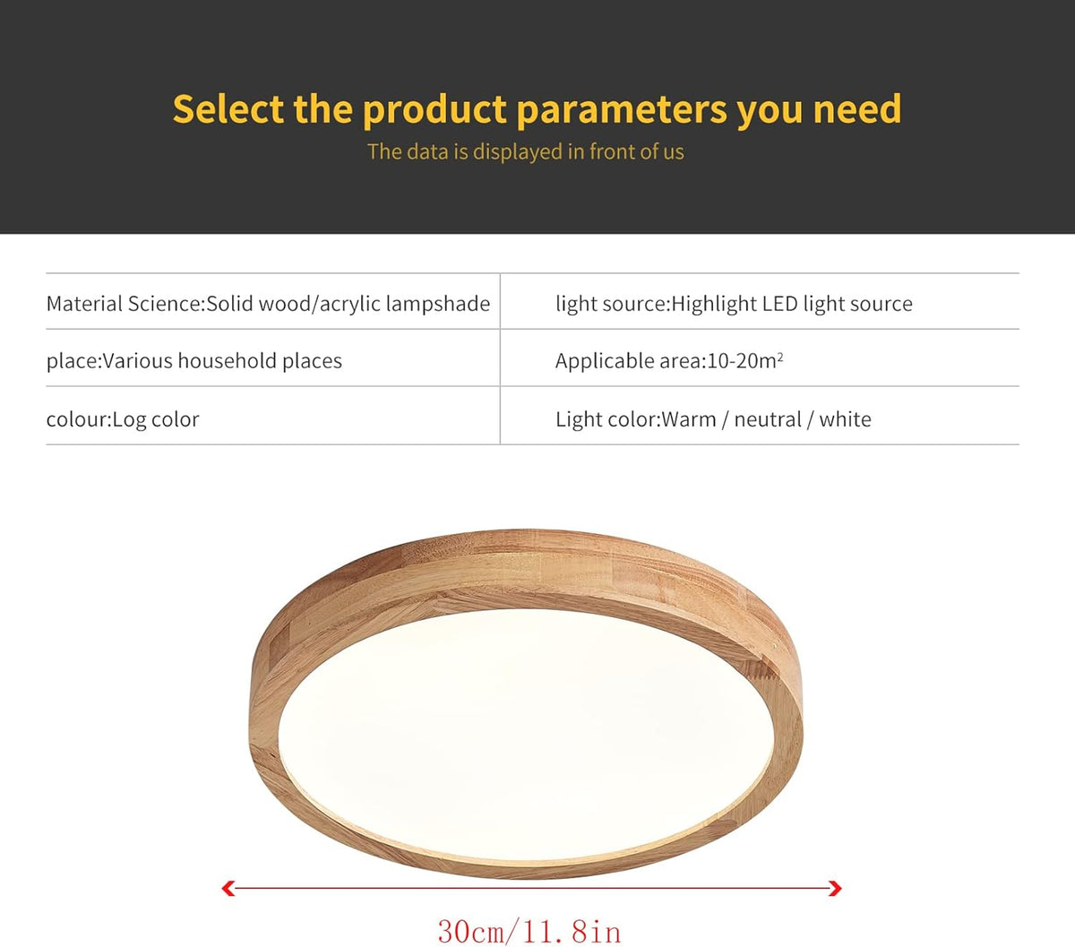 LED Ceiling Light 20W 6000K Round Wood 1600LM Modern Home Light Schindora