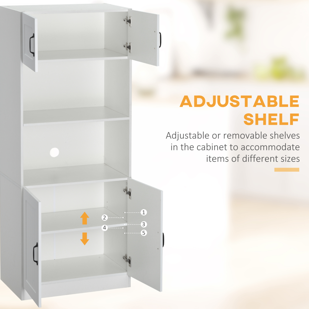Kitchen Storage Cabinet, Cupborad with 5-tier Shelving 4 Doors, White