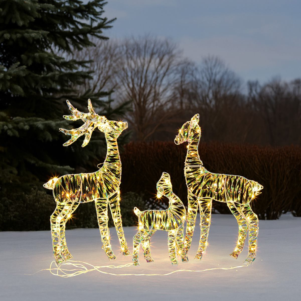 3-Piece Lighted Iridescent Christmas Reindeer Family Set Outdoor Decorations, Weather Proof Deer Family Set of 3 Christmas Ornament Home Decor Pre-lit 110 LED Warm White Lights, 2.4FT