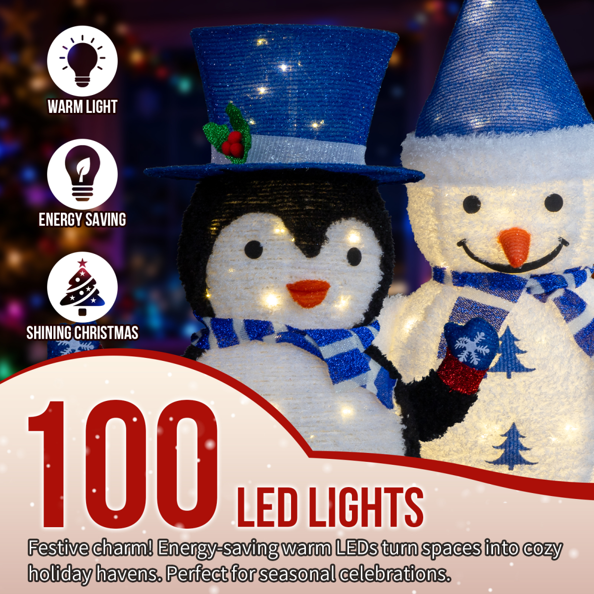 Set of 2 Lighted Plush Penguin and Snowman Christmas Decorations, Pre-lit Pull Up Holiday Decor with 100 Warm White LED Lights for Xmas Outdoor Indoor Decor Lighted Holiday Displays
