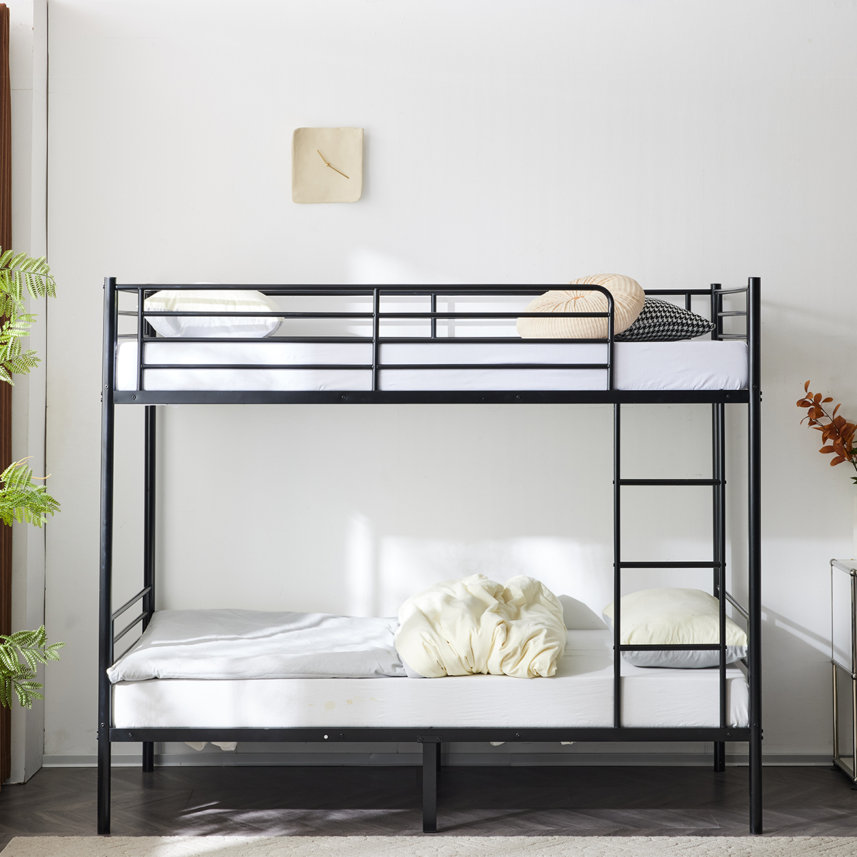 Twin Over Twin Bunk Bed for Kids Teens Adults, Heavy Duty Metal Bunk Bed with Ladder & Full-Length Guard Rail & Storage Space, Black