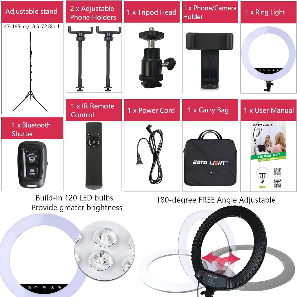 18 Inch LED Ring Light with Tripod Stand Touch Panel Remote for Makeup Studio Eoto