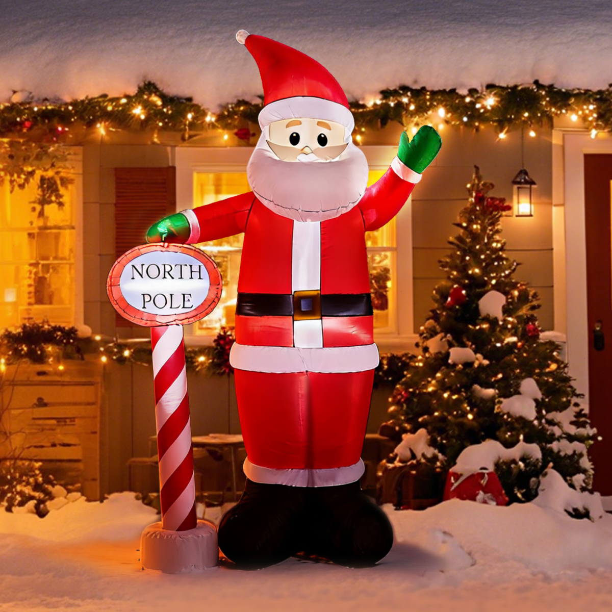 2.45M Lighted Christmas Inflatable Decoration, Inflatable Santa with North Pole Road Sign, Funny Blow Up Yard Decorations with Built-in LED Lights for Holiday Party Front Yard Lawn Garden Decor