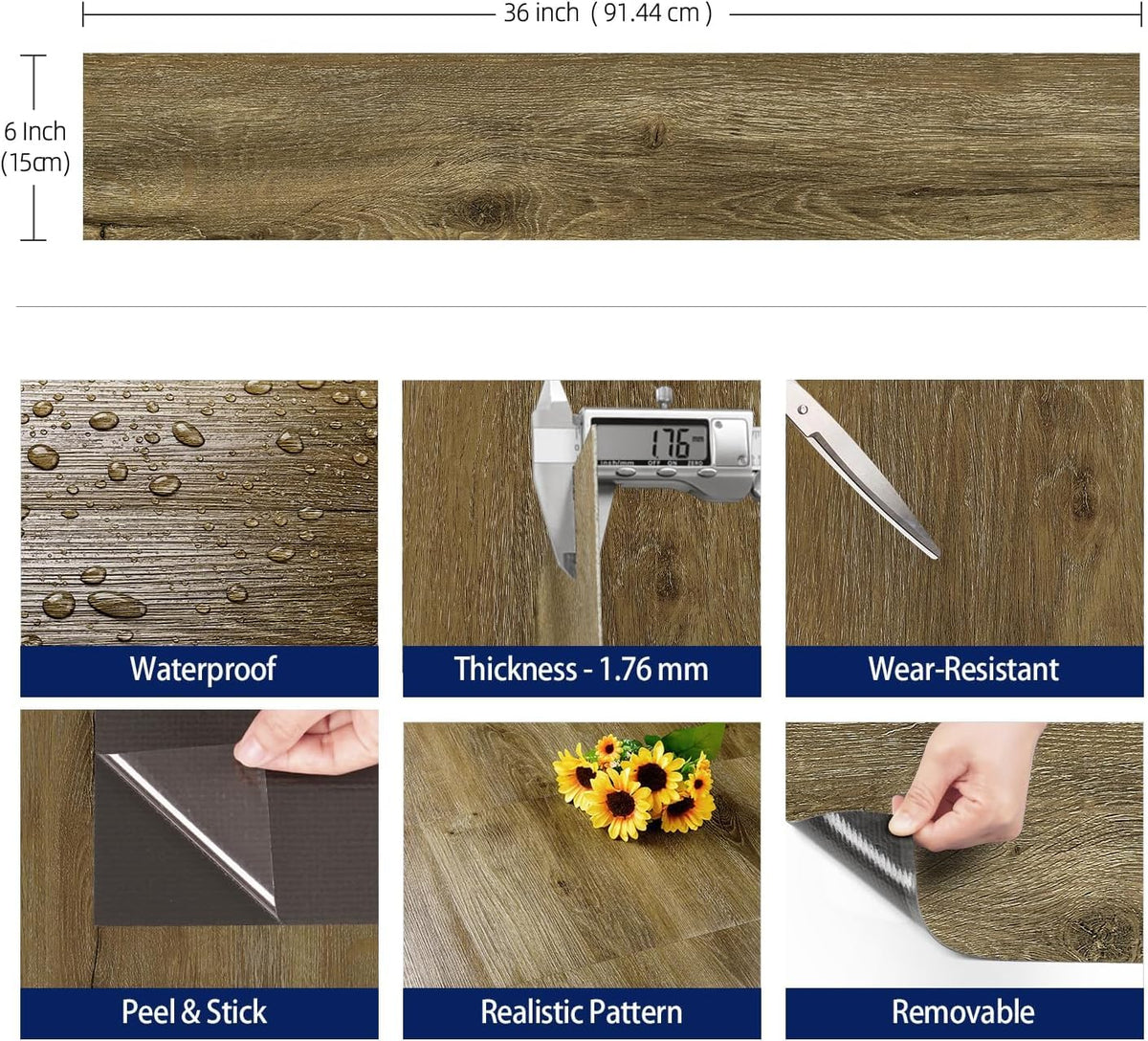 Peel and Stick Floor Tiles Wood Effect Vinyl 90x15cm 35 Pcs FunStick