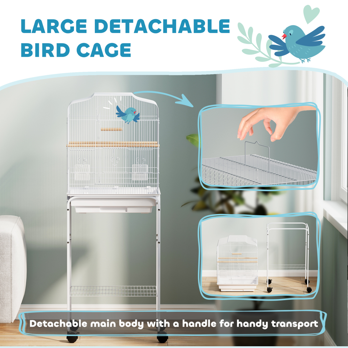 Bird Cage Starter Kit with Detachable Rolling Stand