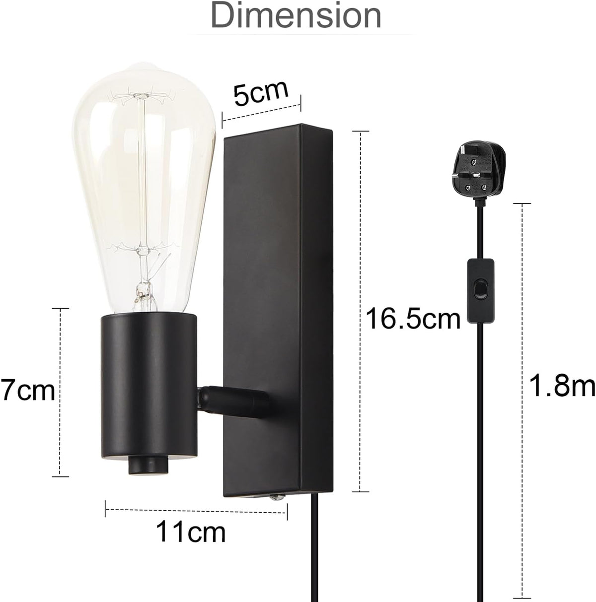 Lightsjoy 2-Pack Plug-In Wall Lights – Rotatable Black Industrial Sconces E27
