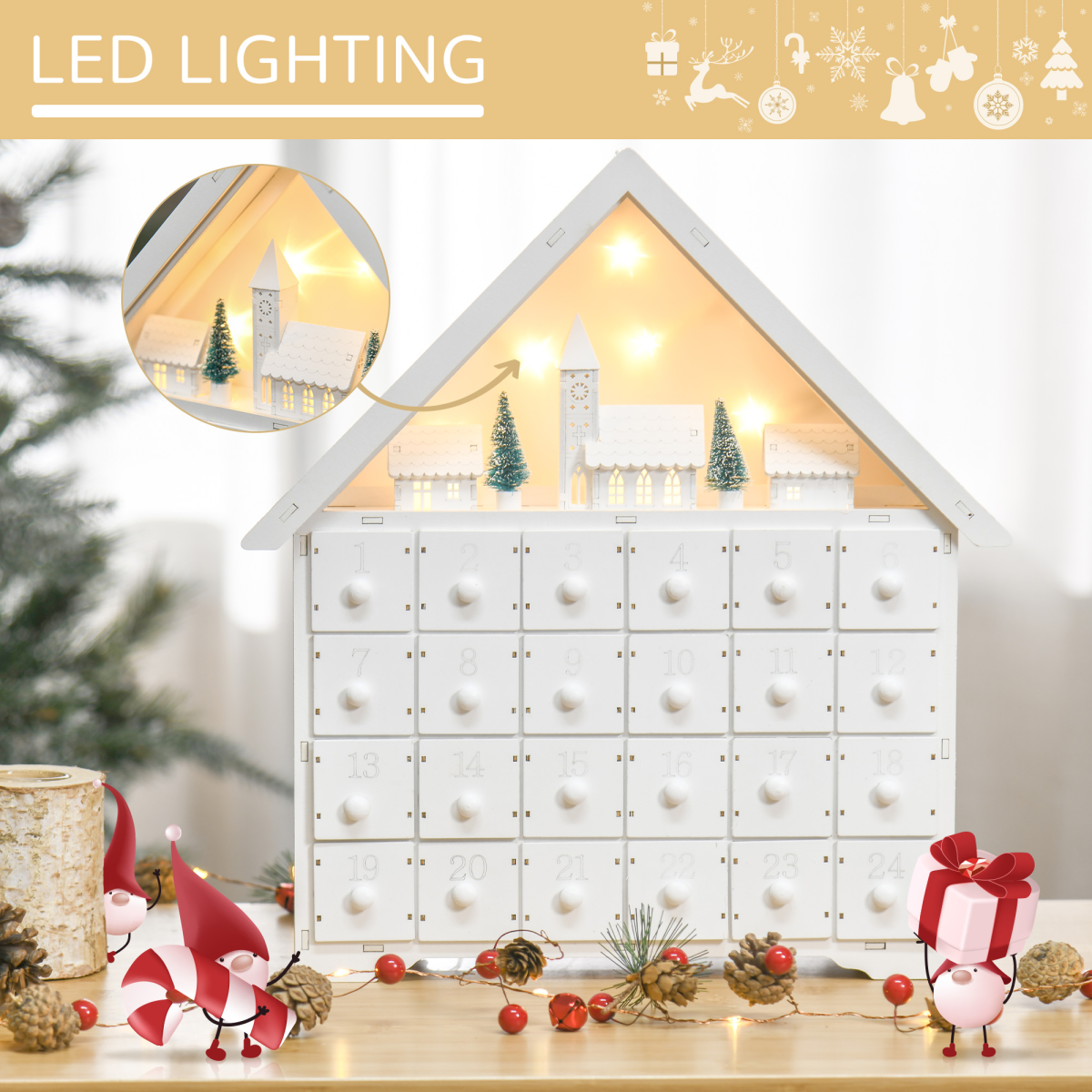 24-Drawer Christmas Advent Calendar Wooden Light-Up Countdown White