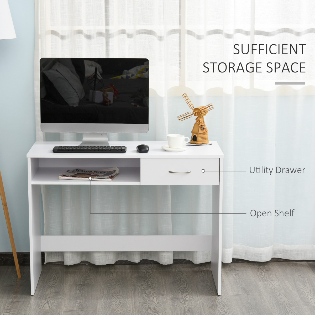 HOMCOM Modern Computer Work Desk Table Study Shelf Drawer Writing Station White