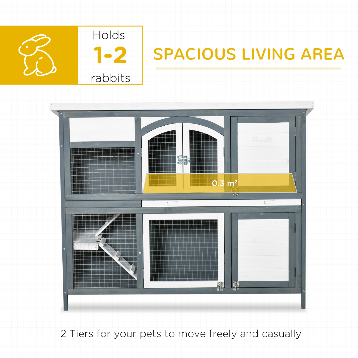 Two-Tier Wooden Rabbit Hutch Bunny Run w/ Openable Roof, Slide-Out Tray, Ramp