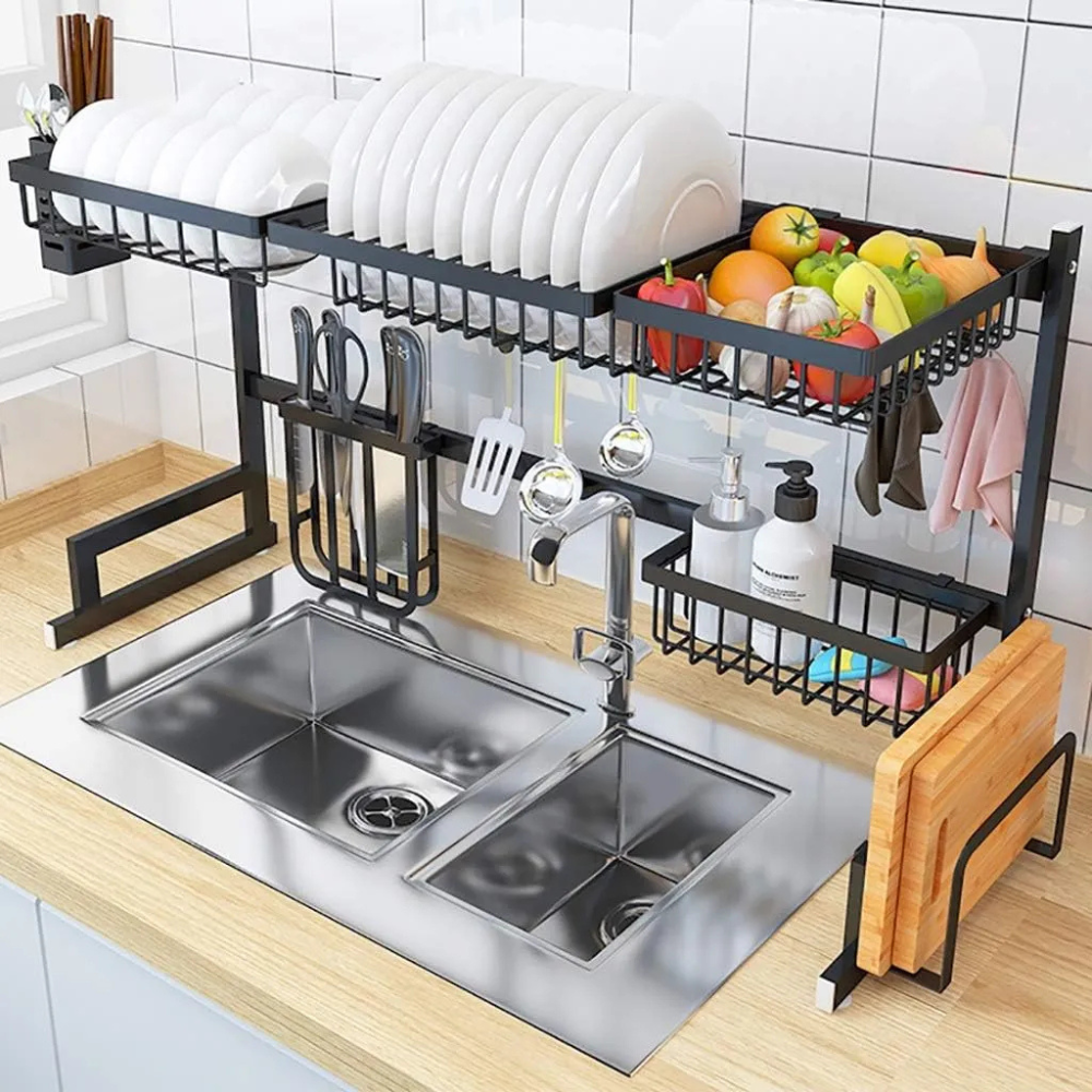 Over The Sink Dish Drying Rack with Fruit Basket Kitchen Counter & Drainer Dishrack - Matte Black