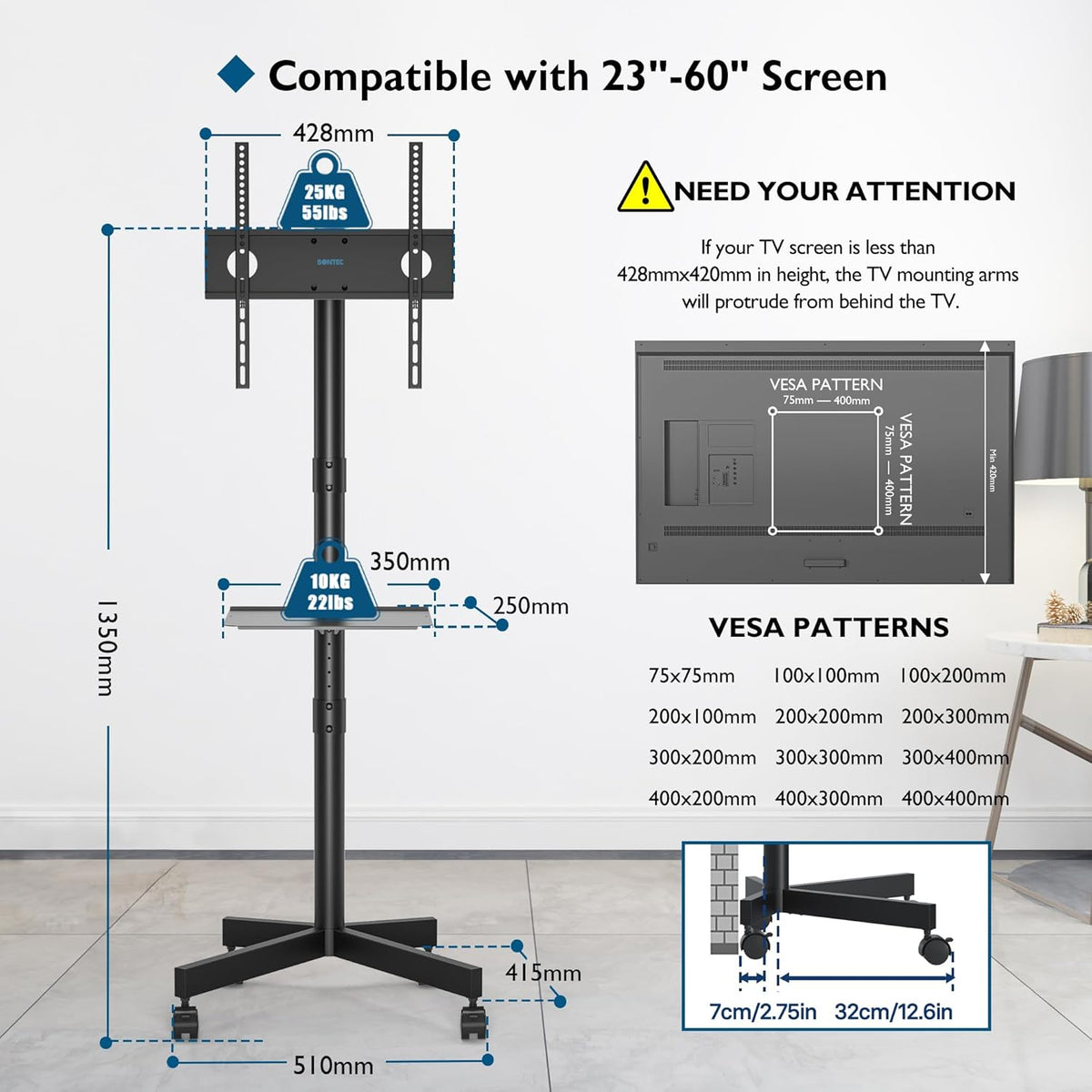 Mobile TV Stand on Wheels 23 to 60 Inch Height Adjustable Shelf BONTEC