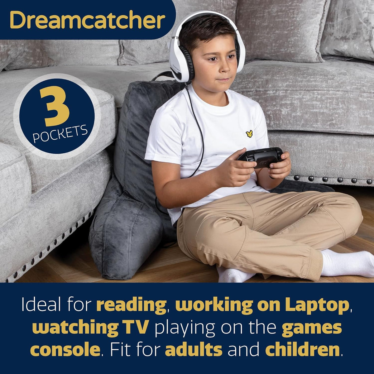 Grey Reading Pillow Memory Foam Cushion with Backrest Arm Support Dreamcatcher